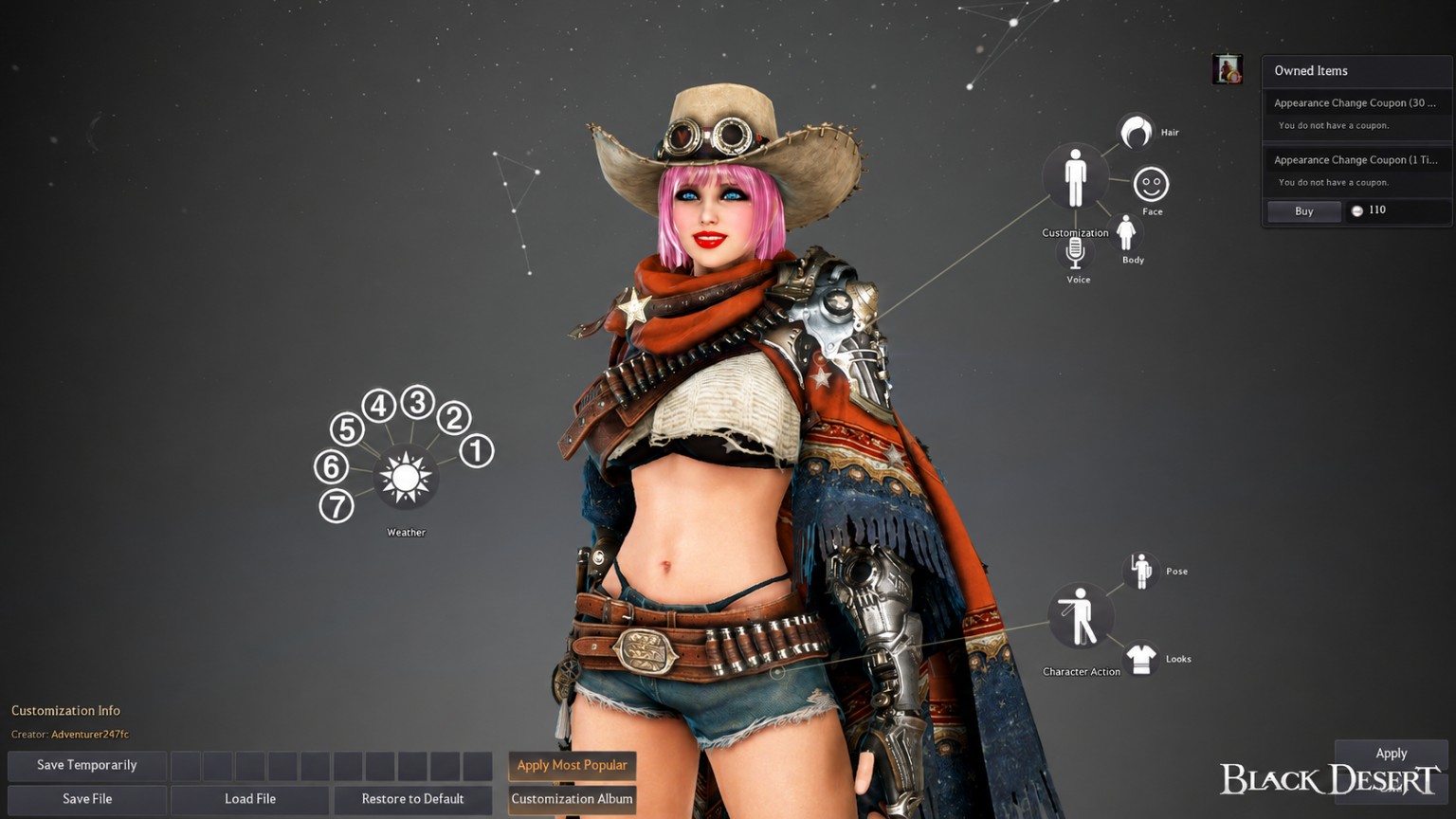 Black Desert Online character customization screen with a cowgirl-inspired outfit