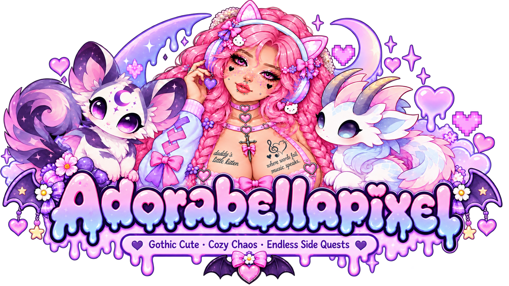AdorabellaPixel with Bella, Pixel, and Glitch — Gothic Cute, Cozy Chaos, Endless Side Quests