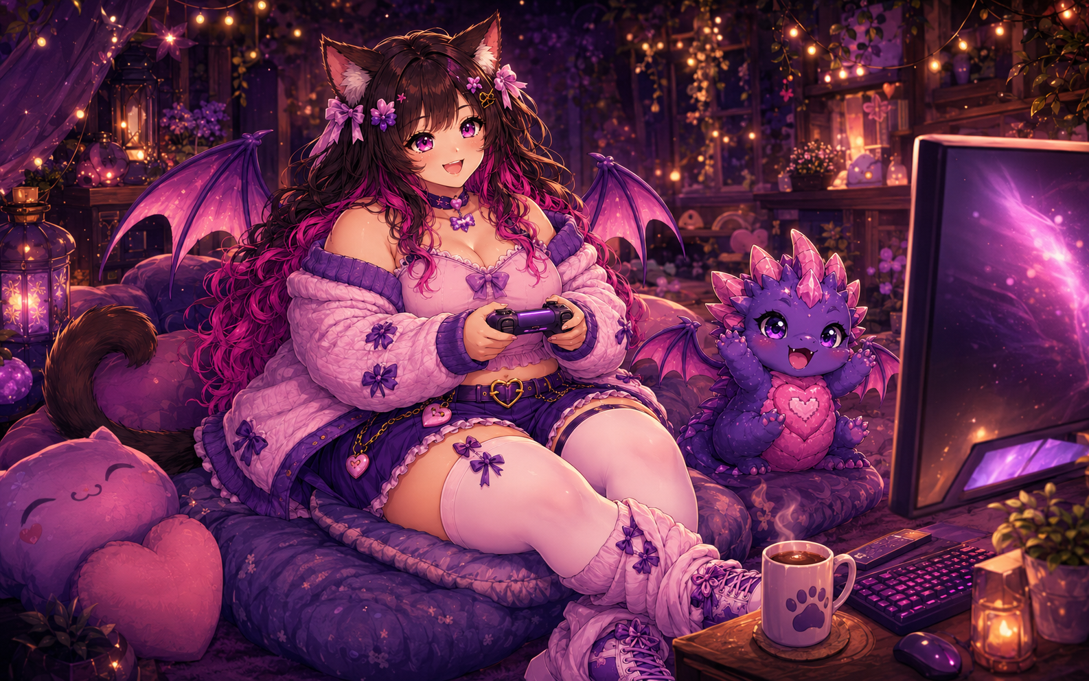 Adorabella gaming with Pixel in a glowing cozy café