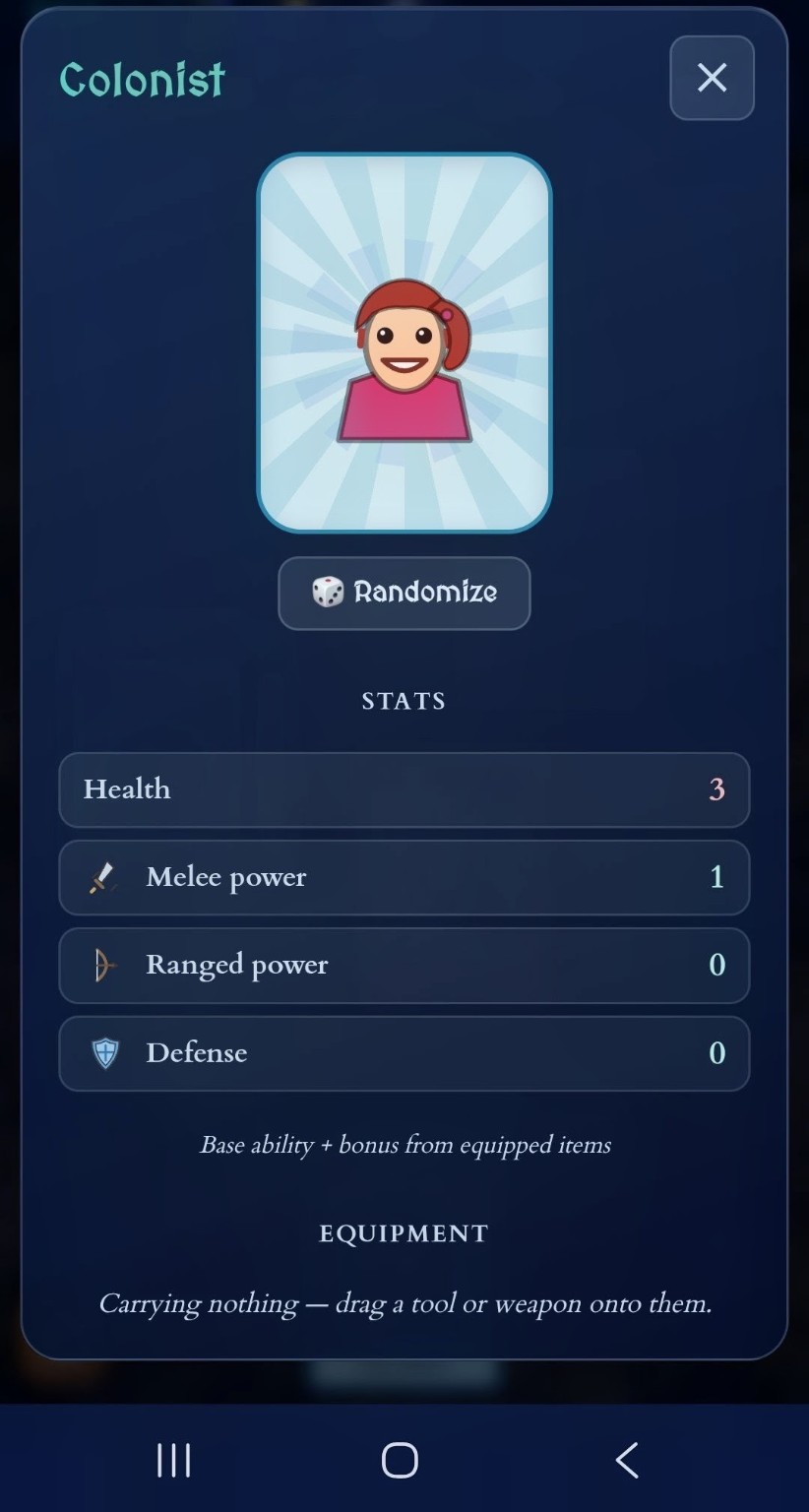 Deckstead colonist card showing health, power, defense, and equipment