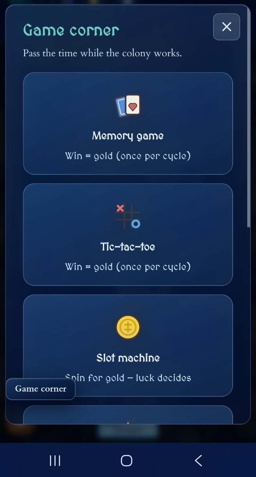 Deckstead Game Corner with memory, tic-tac-toe, and slot machine mini-games