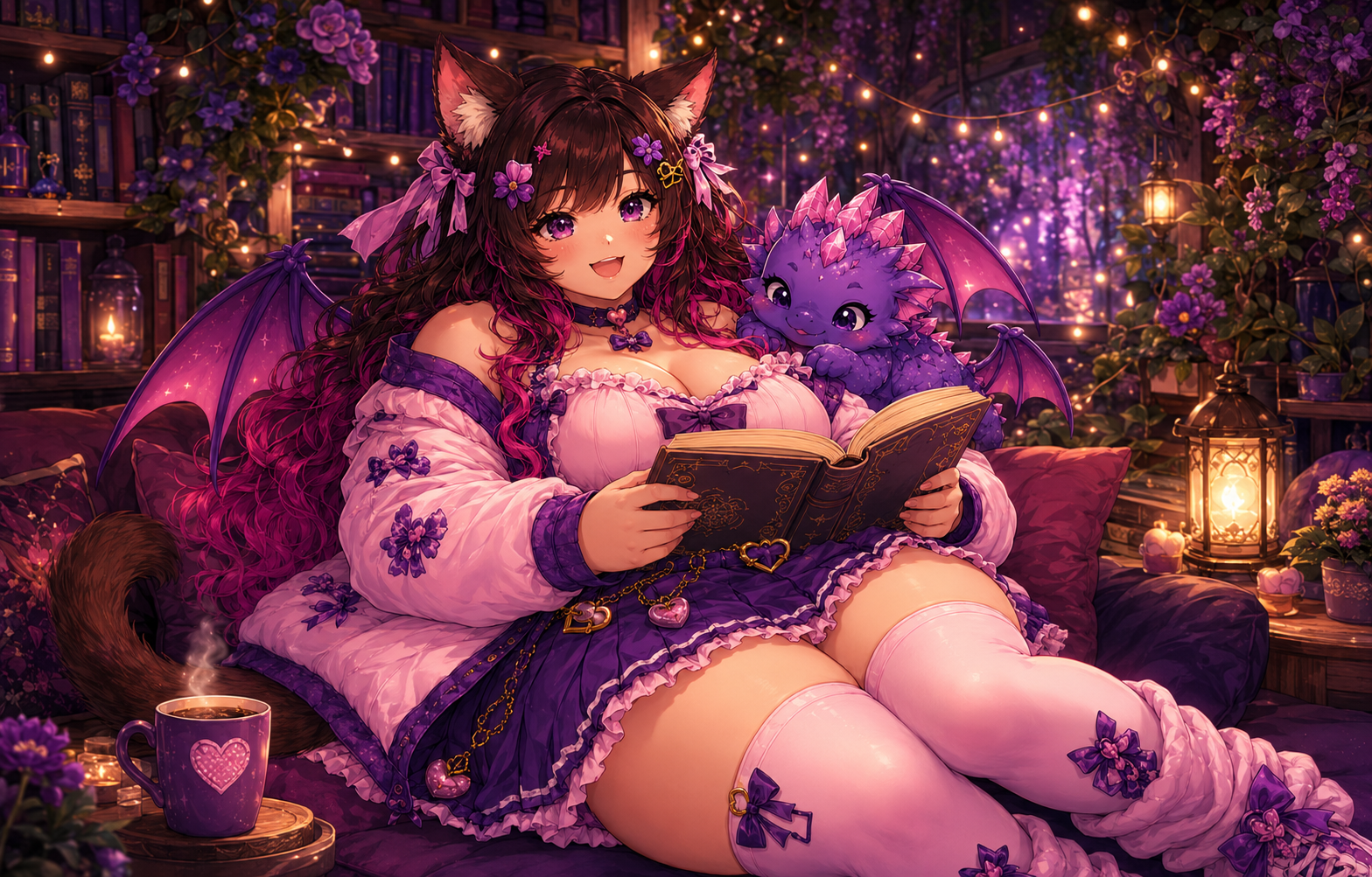 Plus-size Bella reading with Pixel, her purple crystal dragon, in an enchanted library café
