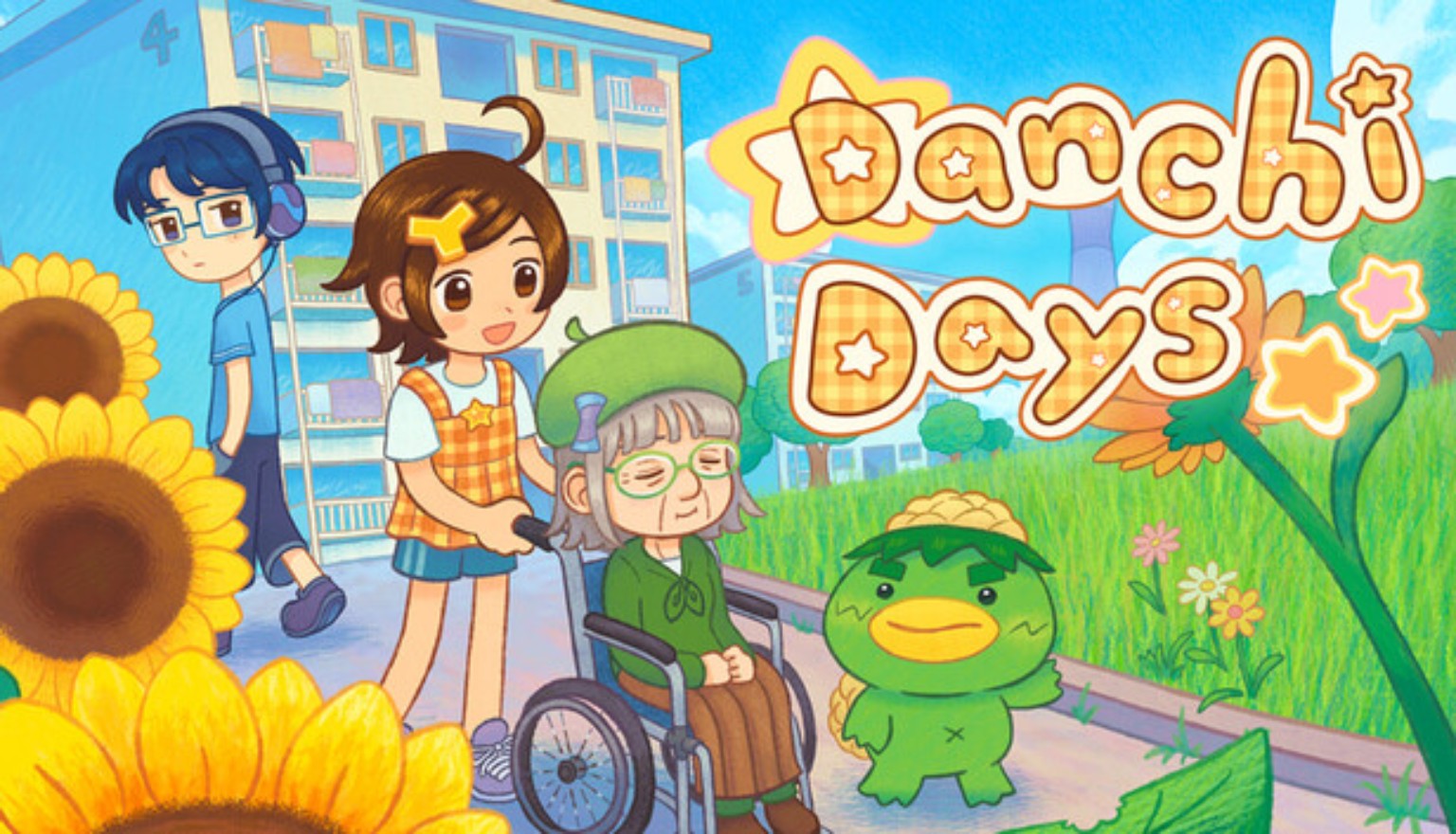 Danchi Days title artwork with residents, sunflowers, and a kappa