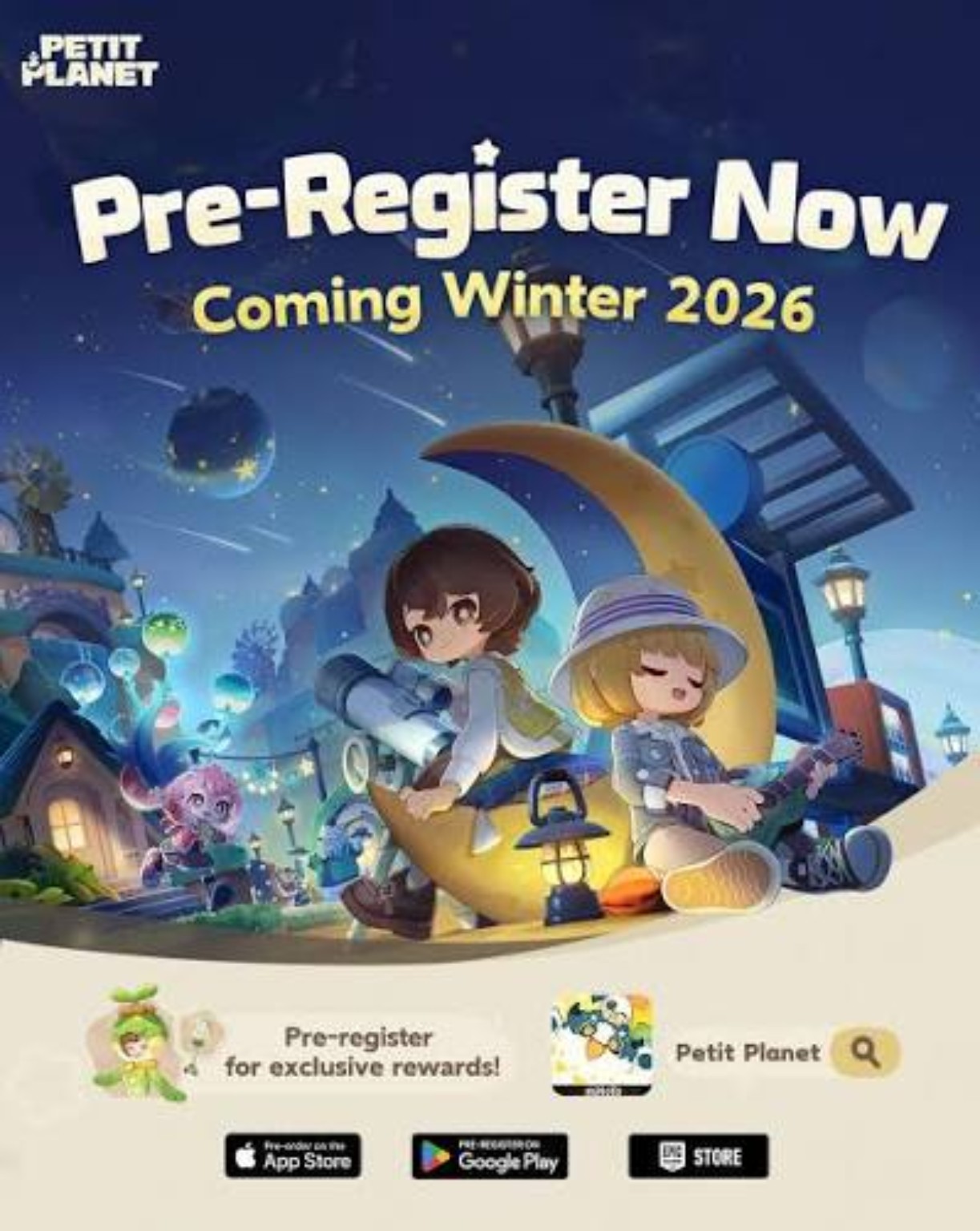 Petit Planet preregistration artwork with two characters sitting on a crescent moon