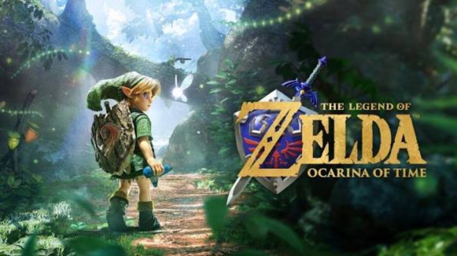 The Legend of Zelda Ocarina of Time title artwork featuring young Link