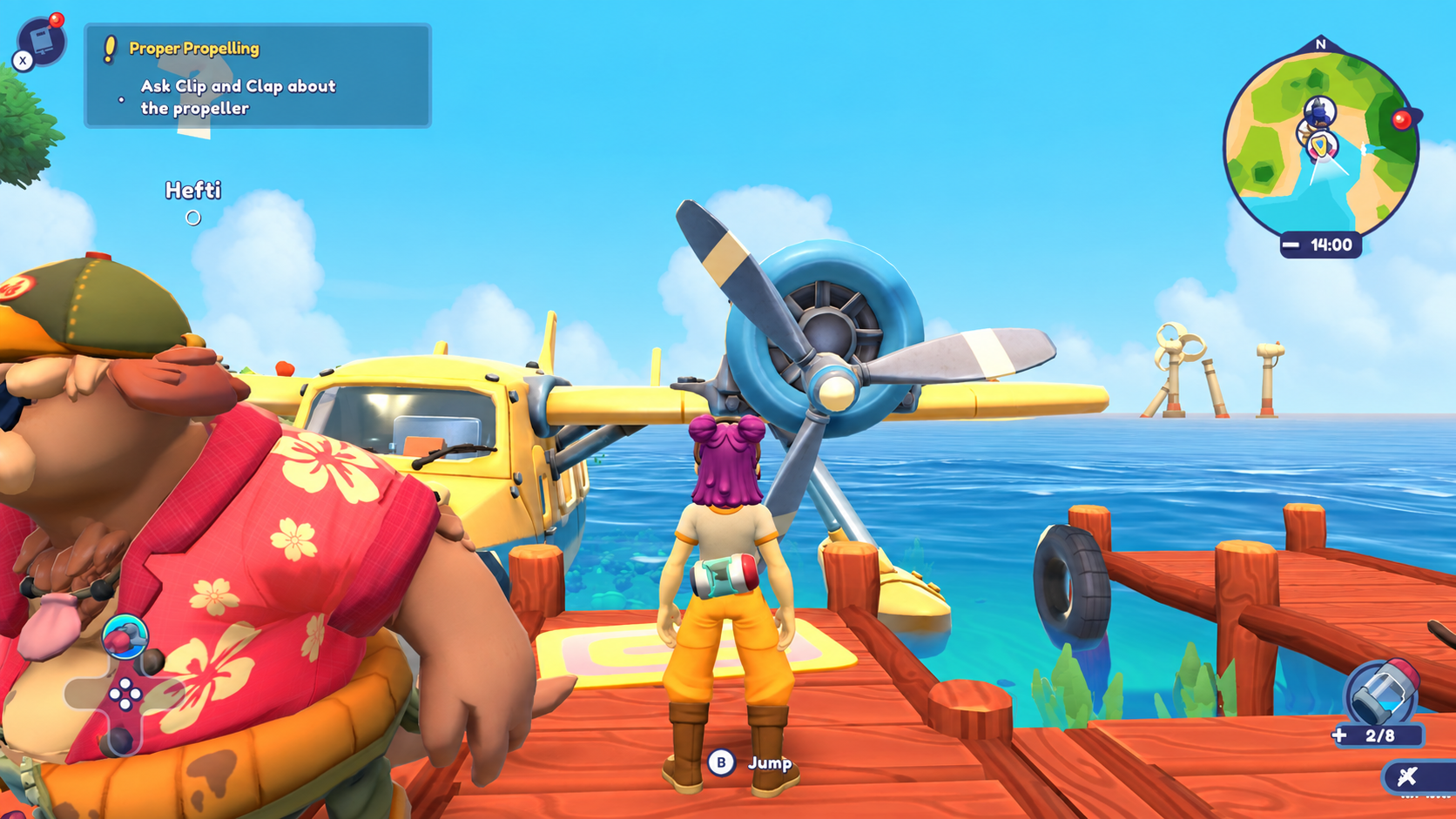 Standing beside Hefti and a yellow seaplane on a tropical dock