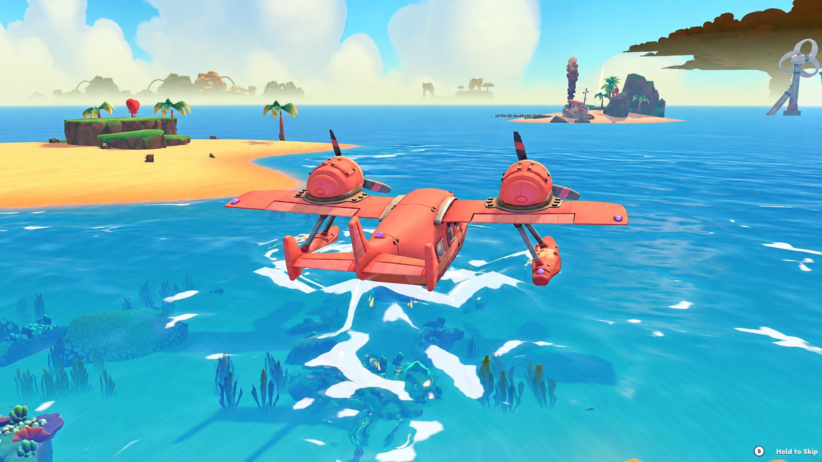 Coral seaplane exploring turquoise waters between tropical islands
