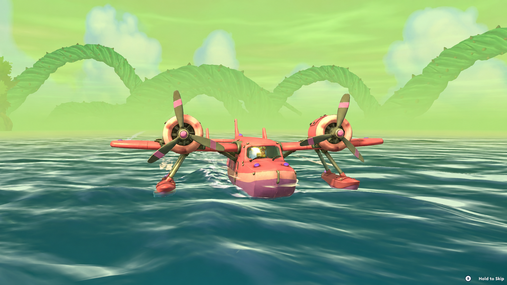 A seaplane on the water beneath giant twisting vines