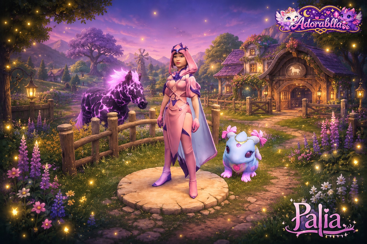 A colorful fantasy game character scene from Palia