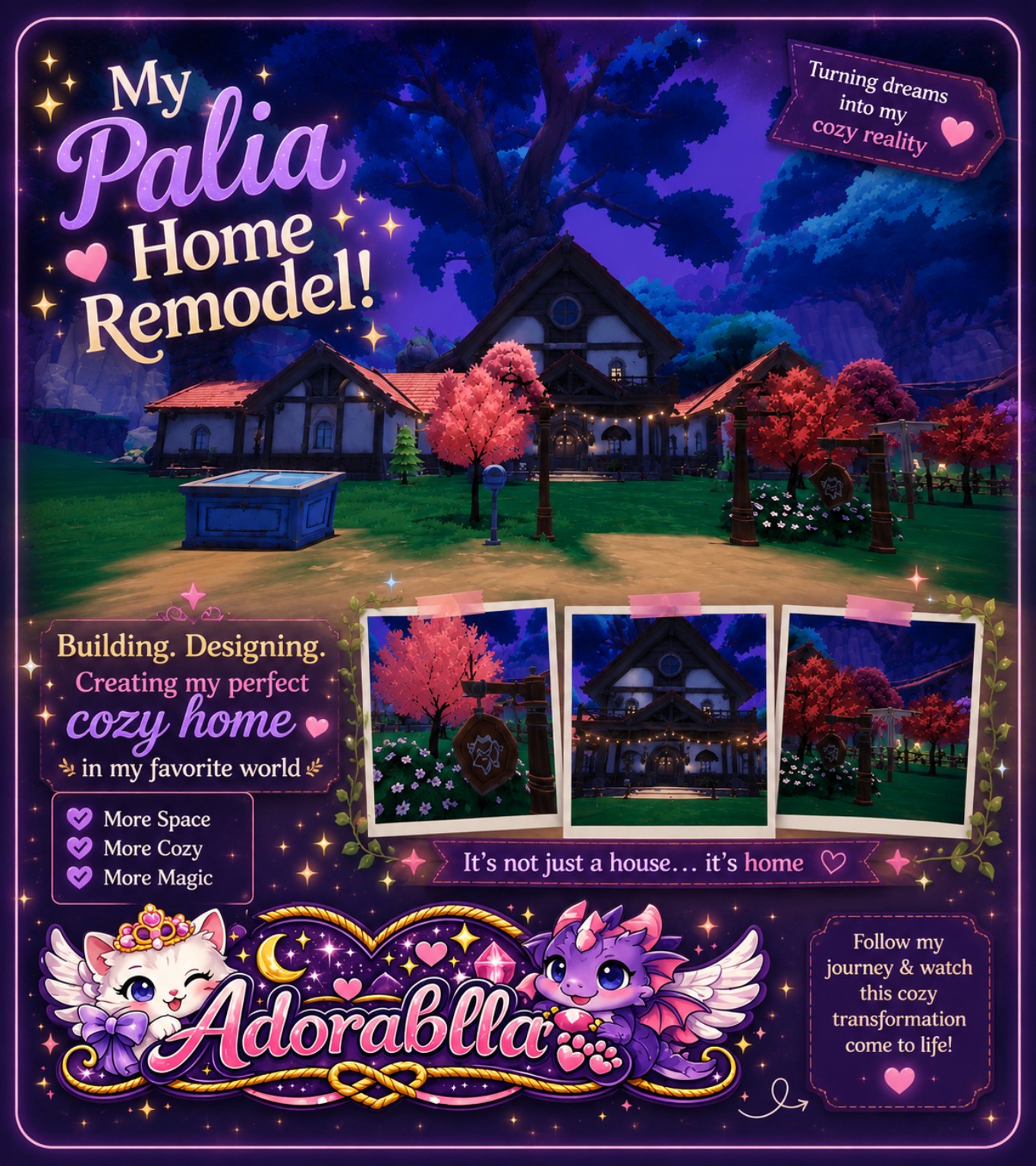 My Palia Home Remodel collage featuring cozy building details