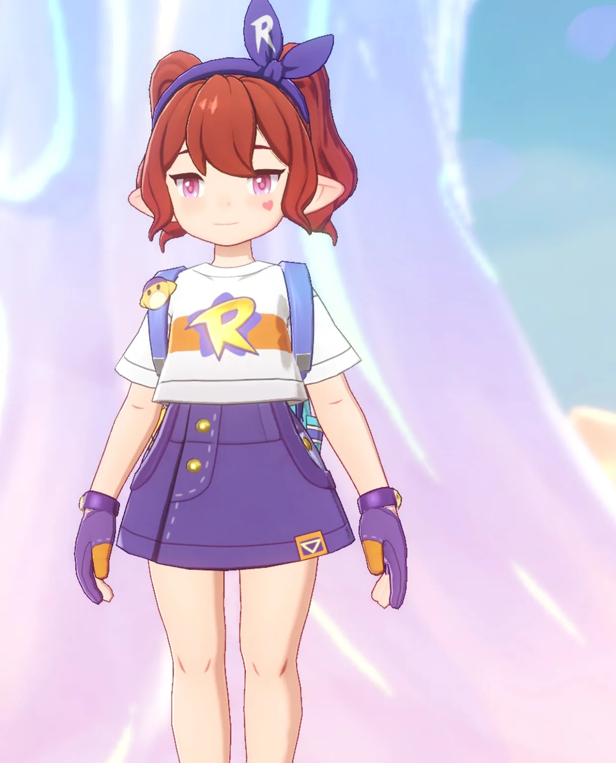 Bella’s customized red-haired character in a purple outfit and blue backpack
