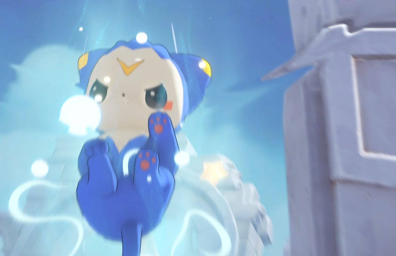 A blue Jini surrounded by soft glowing lights in Roco Kingdom World