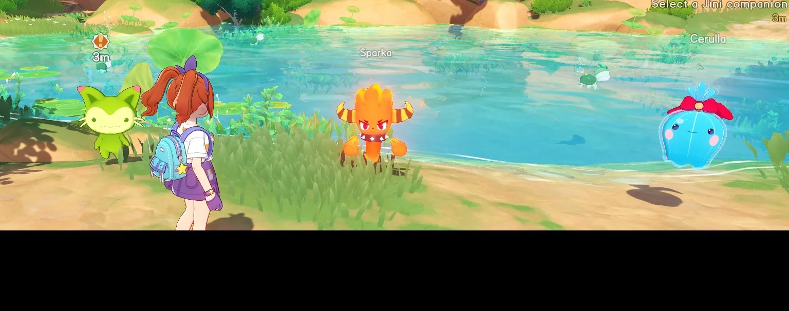 Choosing a first Jini companion beside a pond, with Sparko and Cerulla visible