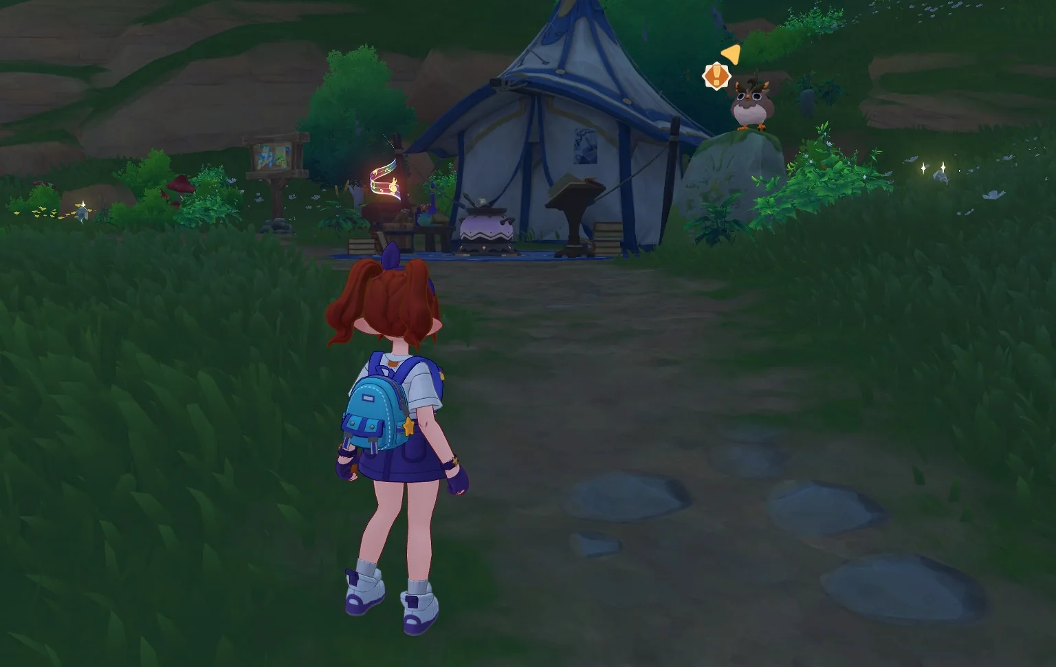 A forest camp with a blue tent and an owl quest marker in Roco Kingdom World