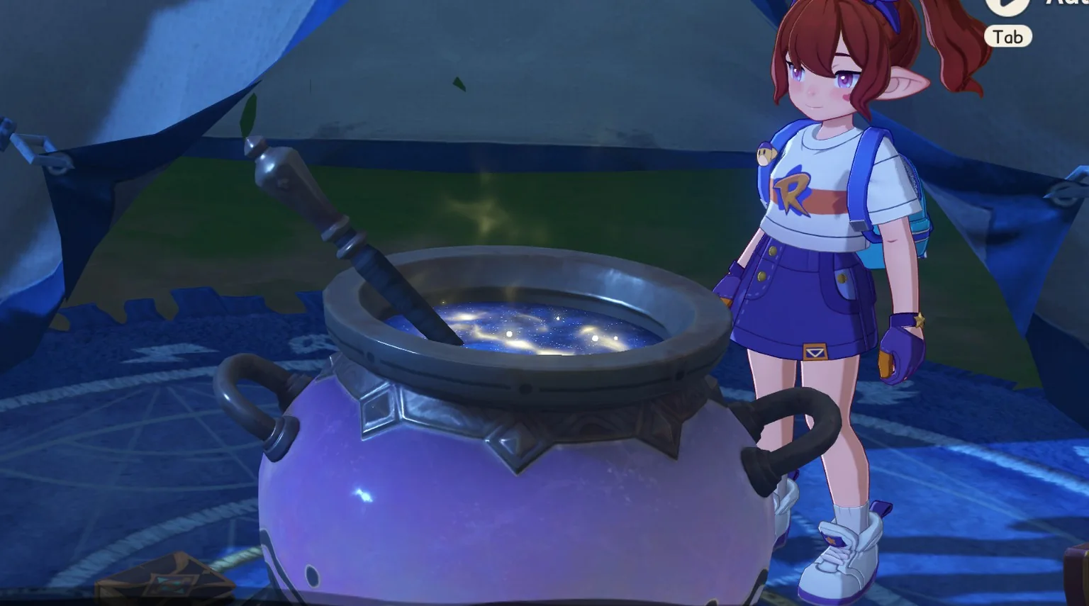 Bella’s red-haired character beside a glowing purple cauldron in Roco Kingdom World beta
