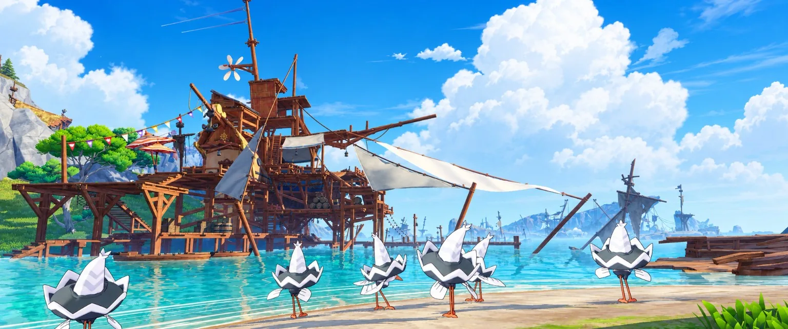 Birdlike Jinies beside a colorful seaside harbor in Roco Kingdom World