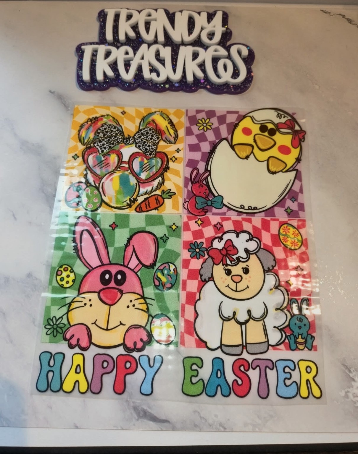 Happy Easter Patchwork Friends design reference, not a finished garment