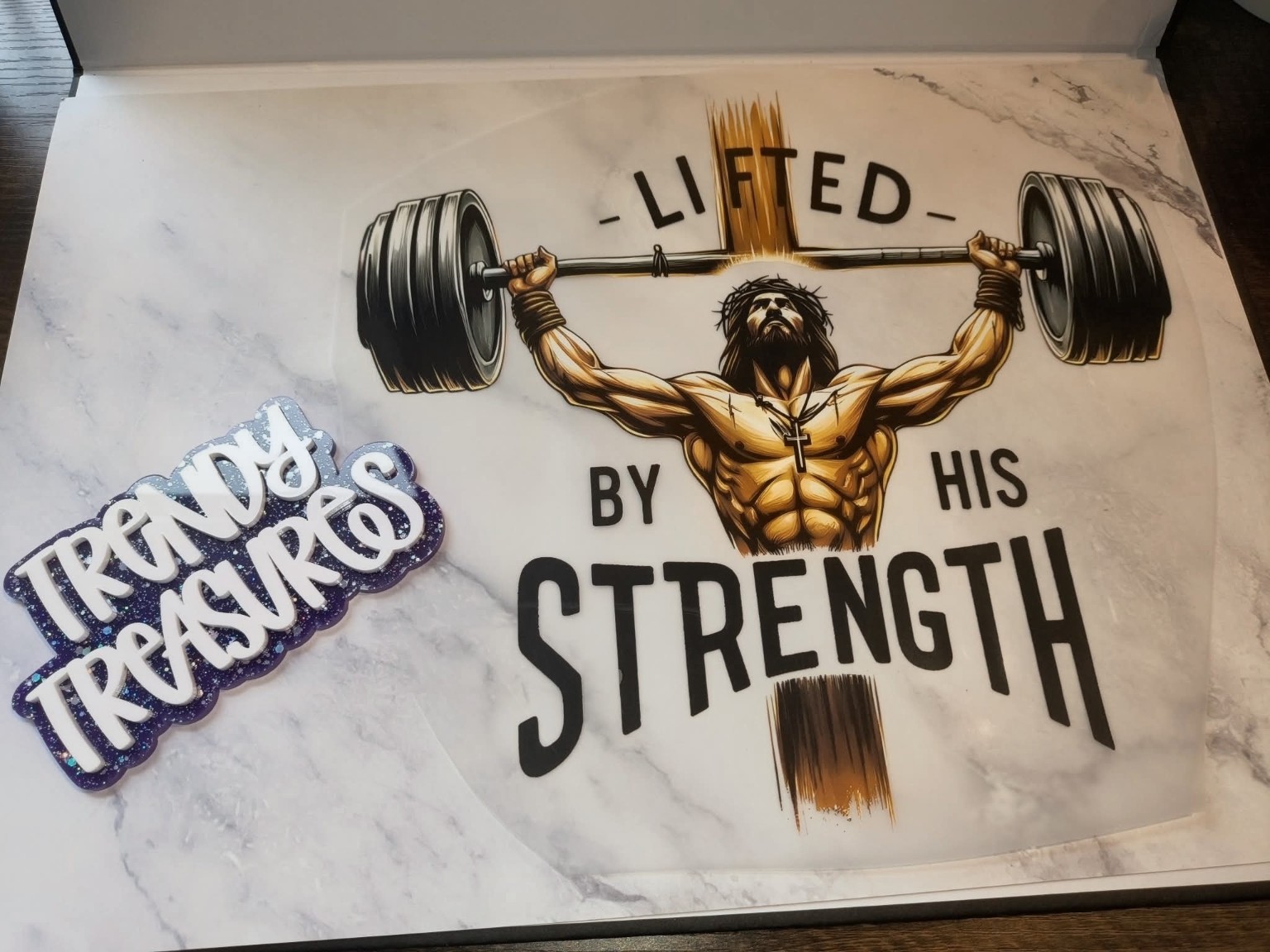 Lifted by His Strength design reference, not a finished garment