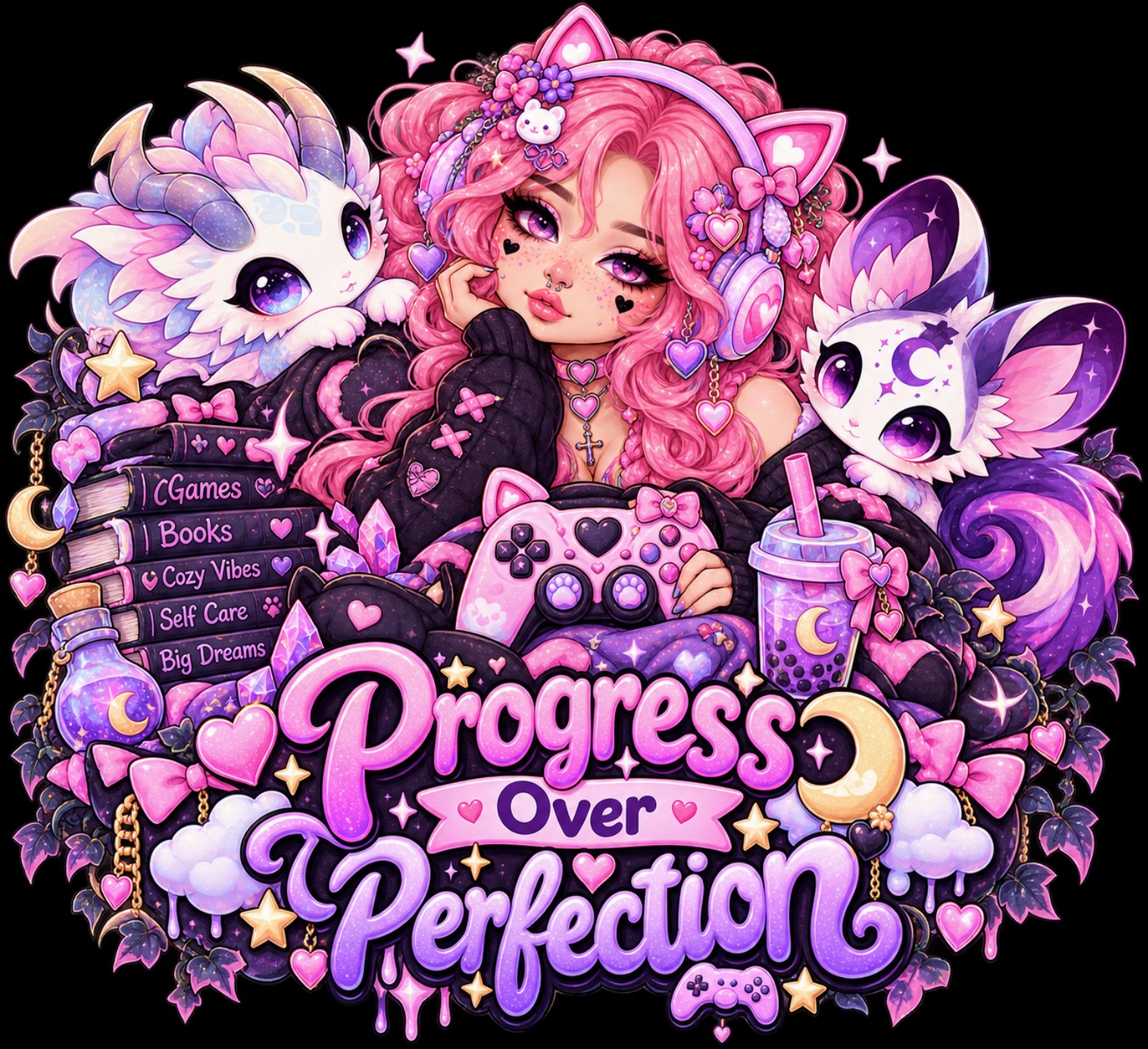 Progress Over Perfection Gamer design reference, not a finished garment