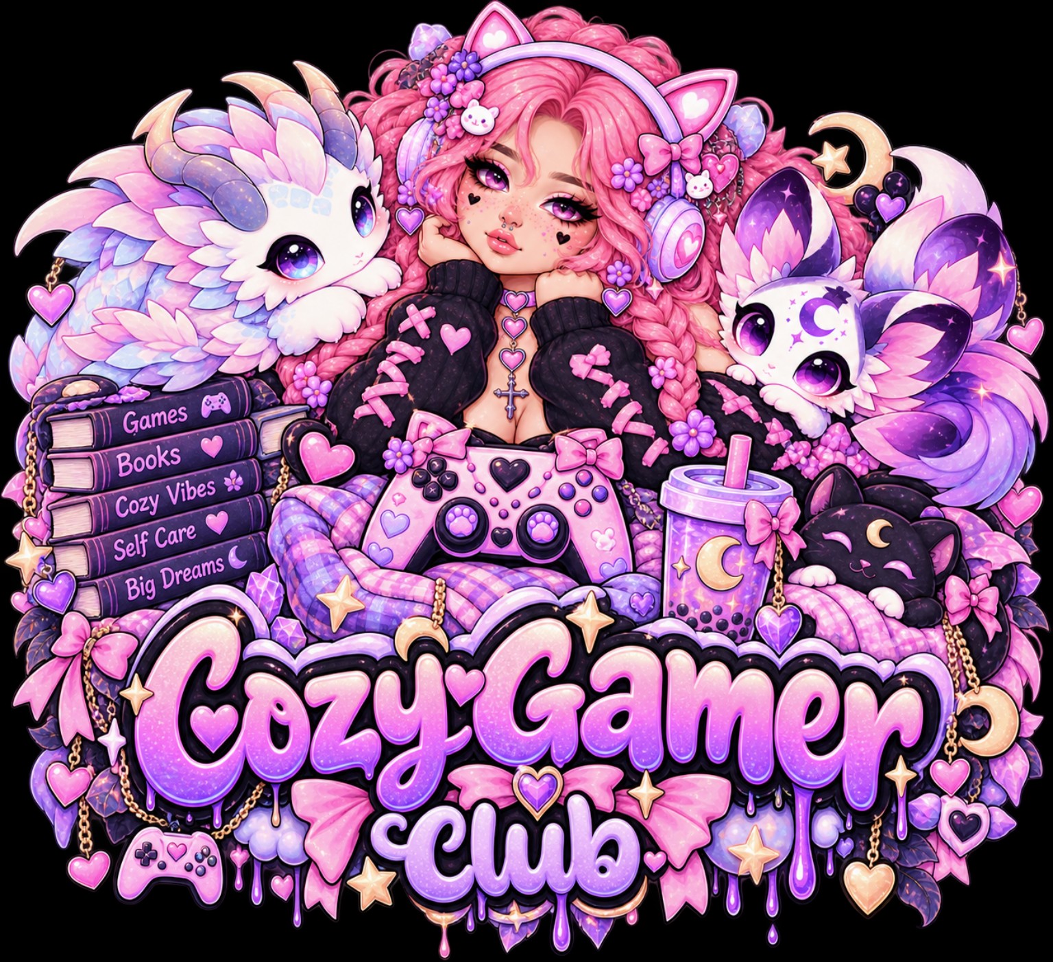 Cozy Gamer Club design reference, not a finished garment