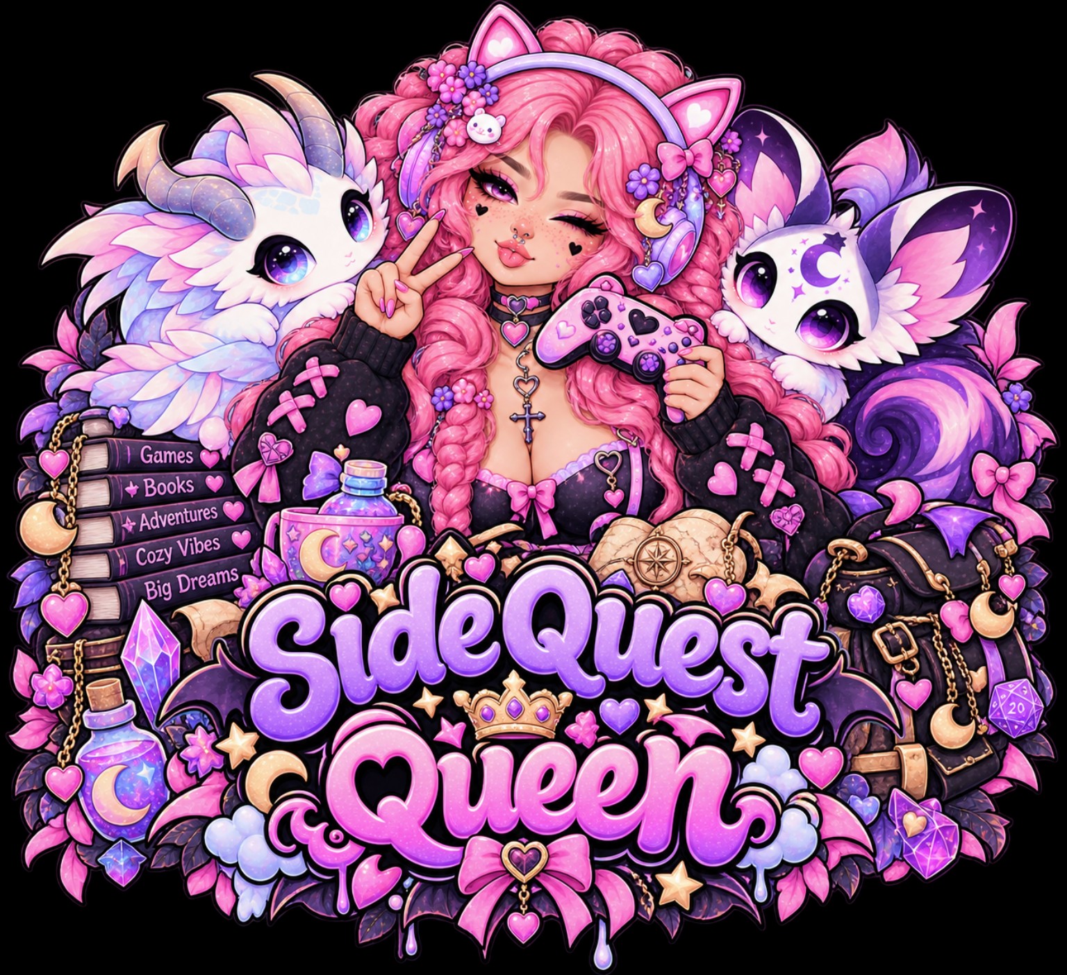 Side Quest Queen design reference, not a finished garment