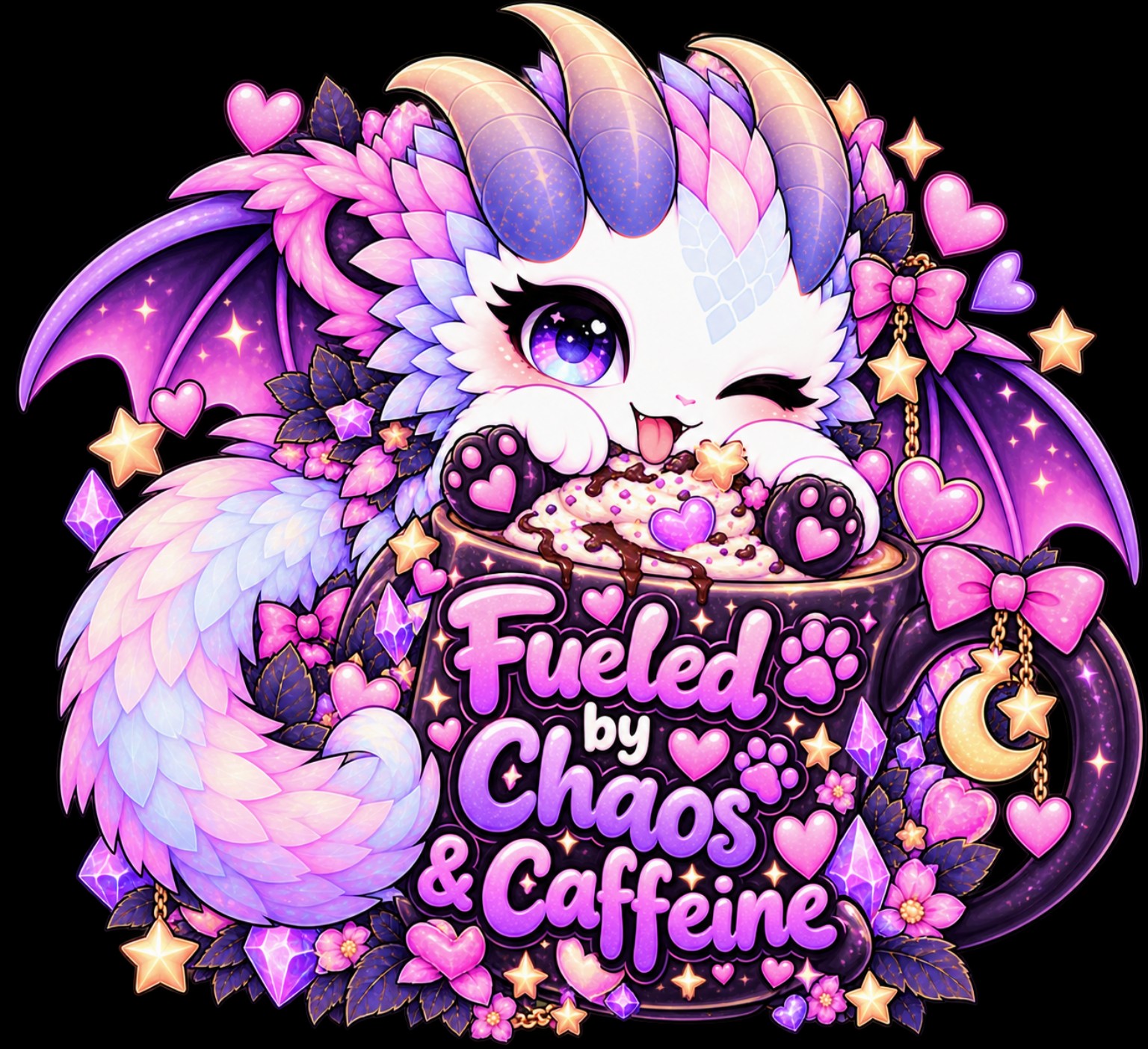 Fueled by Chaos & Caffeine design reference, not a finished garment