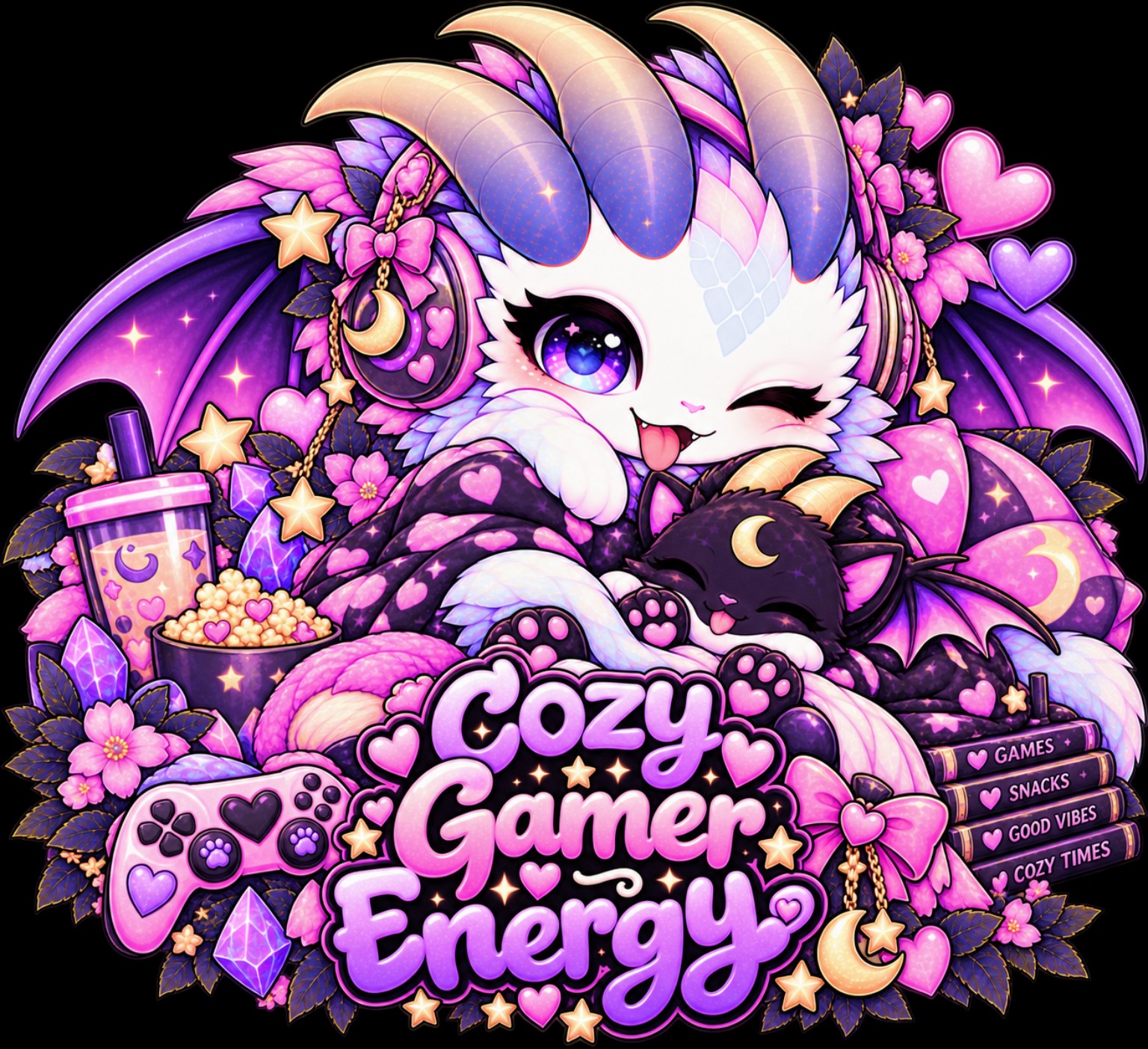 Cozy Gamer Energy design reference, not a finished garment