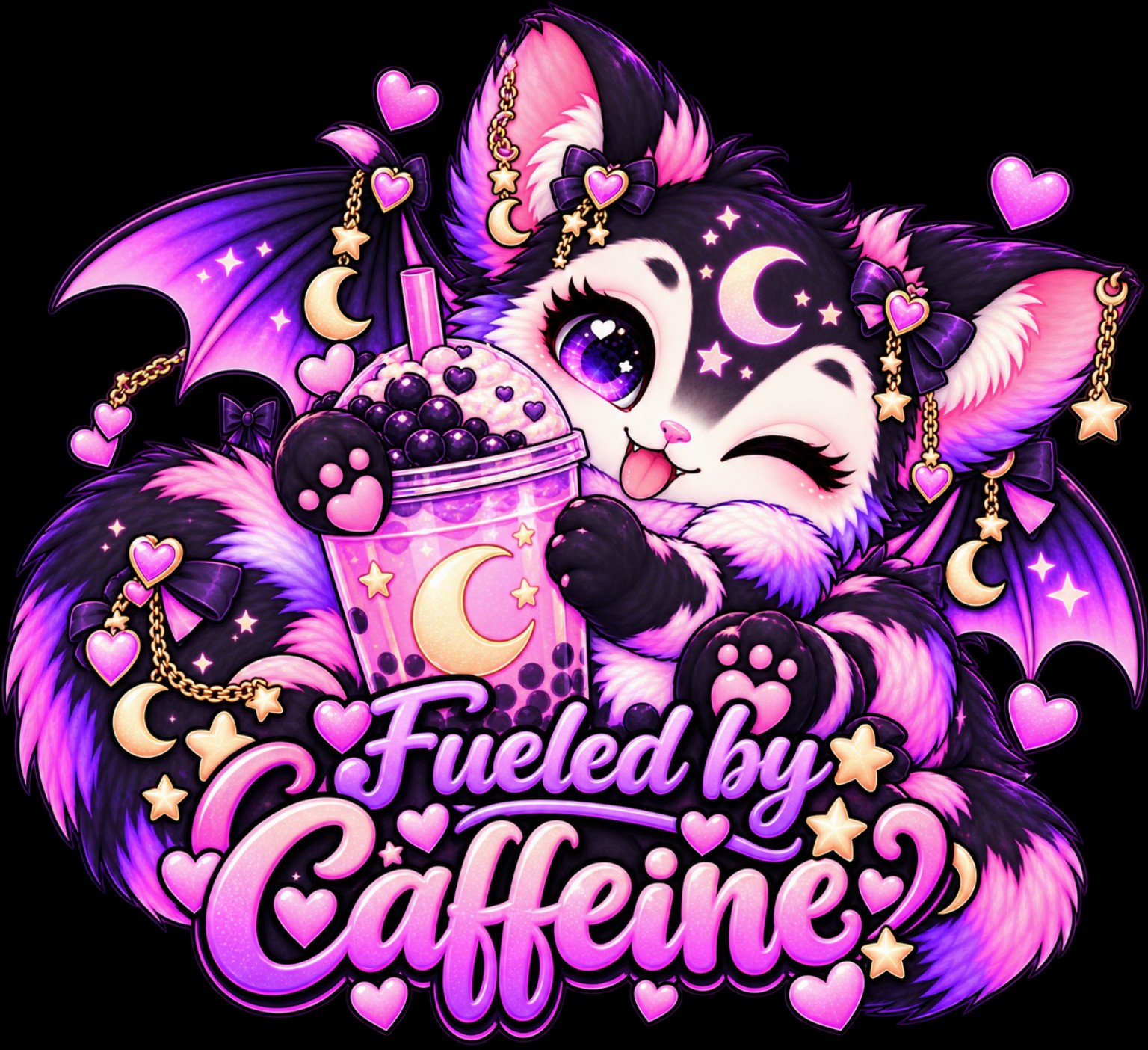 Fueled by Caffeine Purple Critter design reference, not a finished garment