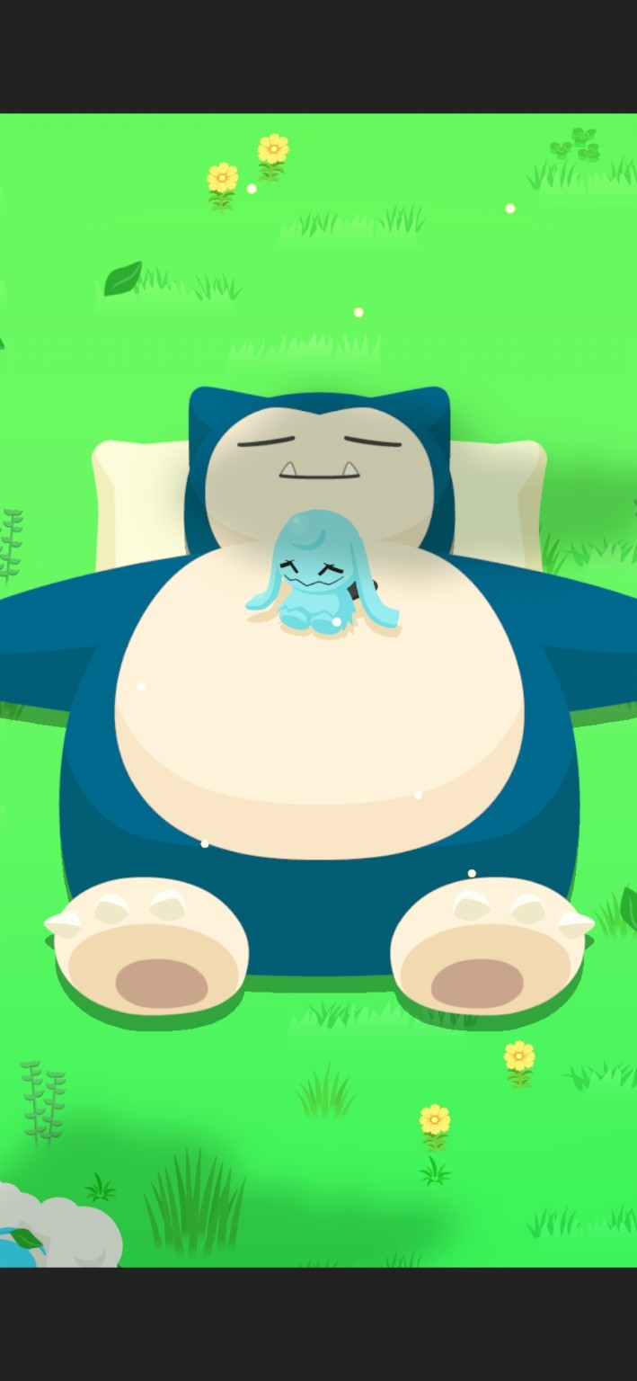 A cozy Pokémon scene with Snorlax resting and a small blue Pokémon on its belly